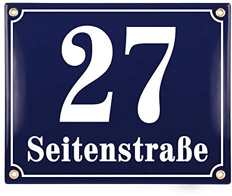 Sosenco Hausnummerschild Hausnummer mit Straßenname - 25x20 cm - Keramik Emaille - Wetterfest - Personalisiert (Blau)
