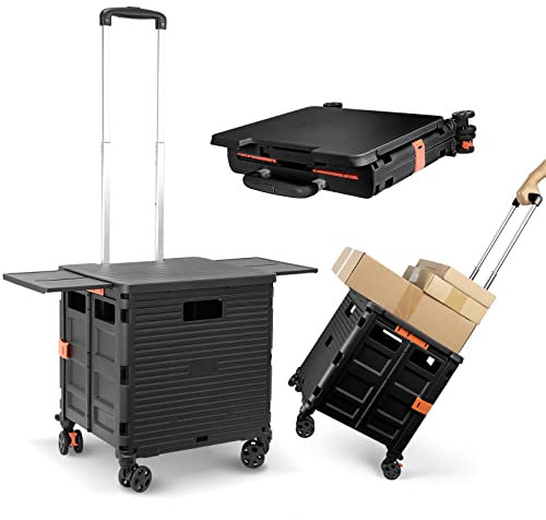 Folding Shopping Trolley on Wheels with Retractable Magnetic Table, Heavy Duty 55kg, Portable and Foldable Plastic Transporter, Adjustable Handle, 360° Rotating Wheels, for Camping and Storage - Black