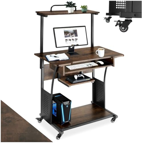 tectake® Scrivania, Tavolo in stile Industriale, Inserto per Tastiera, Scrivania gaming, Quattro ruote girevoli, struttura in acciaio verniciato - 80x65,5x130,5 cm - Legno scuro industriale