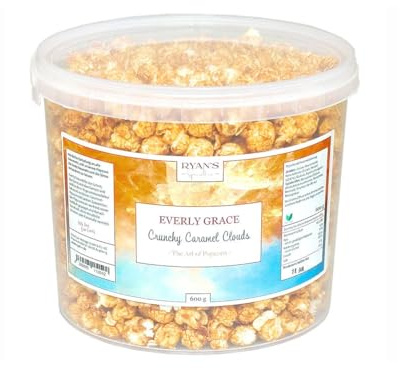 Everly Grace Popcorn – Crunchy Caramel Clouds, 600 g – Seau de popcorn au caramel sucré et vanille bourbon, fait main en Allemagne