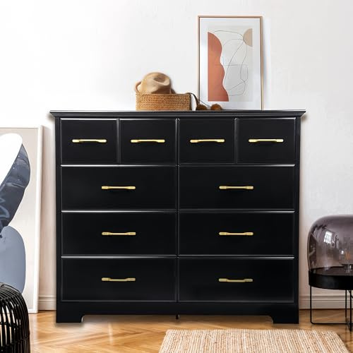 NEDYO 8 Drawer Dressers for Bedroom, 40 Inch Large Wide Dresser, Mid Century Modern Drawer Chest with Gold Hardware, Wooden Chest of Drawers. Black