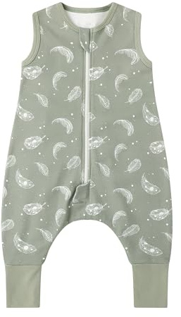 Owlivia 1.0 Tog 100% Organic Cotton Baby Sleeping Bag with Feet Toddler Sleeping Bags with Legs Sleeveless Wearable Blanket for All- Season Comfort（Feather Green, 90cm/3Y）