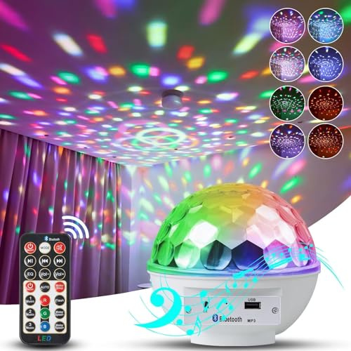 LLUOTE Disco Ball Lights RGB Sound Activated Strobe Rotating Party Stage Lights, Built-in Bluetooth Speaker, for Adult Home Theater,Room Decoration,Halloween Christmas Gift, Birthday Gift, Karaoke