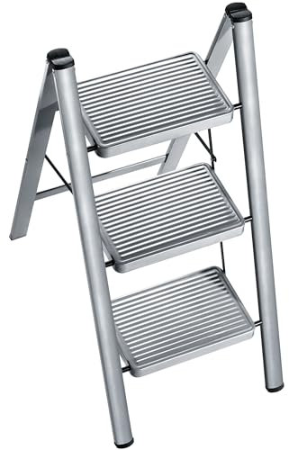 XinSunho 3-Stufen-Leiter Klappbar, Klappleiter aus Stahl mit breitem Anti-Rutsch-Pedal, Trittleiter, kleine Leiter, Haushaltsleiter, Belastbar bis 150 kg für Küche Zuhause Büro, Grau