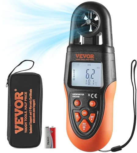 VEVOR Anemometro Portatile da -10-60℃ Misuratore di Velocità del Vento Temperatura Flusso d'Aria, Misuratore di Velocità del Vento Digitale con Display Retroilluminato LED Portatile, Anemometro Vento