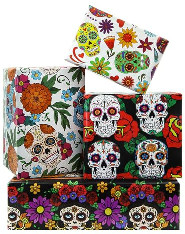 Carta da regalo Day of the Dead, motivo horror, teschio di zucchero, rose, design messicano, 8 fogli piegati e piatti da 50 x 70 cm, per Dia De Los Muertos, giorno dei morti, festa messicana in