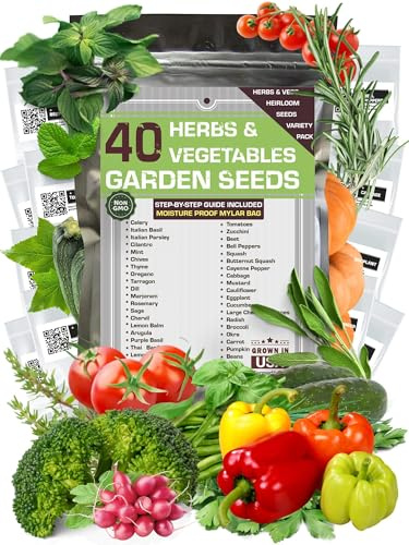 Ultimate Set of 40 Herbs and Vegetable Seeds Packets for Planting Outdoors and Indoors - Good for Hydroponic Garden - Heirloom and Non GMO - Tomatoes, Cauliflower, Thyme, Oregano, Marjoram and Others