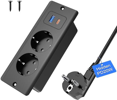 Prise encastrable avec USB C 20 W, 2 Prises de Table avec USB A et Type-C, 4 en 1, Plateau de Table, Triple Prise encastrée avec câble d'extension de 1,8 m, multiprise encastrable pour Bureau, Noir