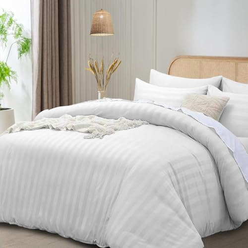 Funky Gadgets Set di Biancheria da Letto King Size con Copripiumino Bianco, Set di Biancheria da Letto di Lusso per Hotel in Microfibra con Striscia di Satin, Copripiumino Reversibile e Traspirante