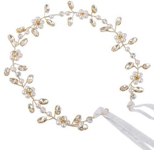 Cerchietto con Fiori di Perle di Cristallo, Copricapo da Sposa Sottile Fascia per Capelli da Sposa Copricapo da Battesimo Accessori per Capelli con Perle di Cristallo per Bambine (Oro)