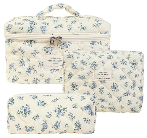 3er Set Kosmetiktasche Damen mit Blumenmuster, Kulturtasche Damen Gross Kulturbeutel Damen Make Up Tasche, Tragbare Schminktasche Damen Makeup Bag Kosmetiktasche Groß Frauen Mädchen für Alltag und Rei