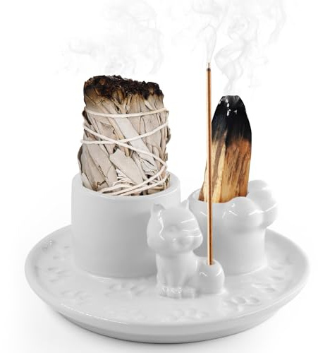 NVGVUP Porta Incenso 4 in 1, Bruciatore Incenso è perfetta per qualsiasi Incenso, Palo Santo, Salvia per Bruciare, Bastoncini, design a zampa di gatto Ciotola Sbavature per Meditazione e Yoga