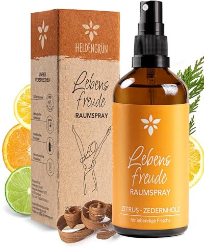 Heldengrün® Raumspray Zitrone Lebensfreude [ECHTE BIO-ÖLE] Dermatologisch getestet - Bio Raumduft für lebendige Frische - Textil Duftspray mit Zitrus & Zedernholz