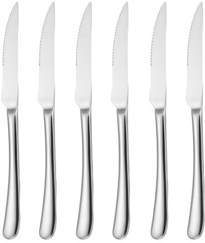 Leikurvo Lot de 6 couteaux à steak en acier inoxydable de qualité supérieure - Avec lame dentelée - Longueur : 24 cm - Passe au lave-vaisselle - Couteau à pizza - Couteau à barbecue