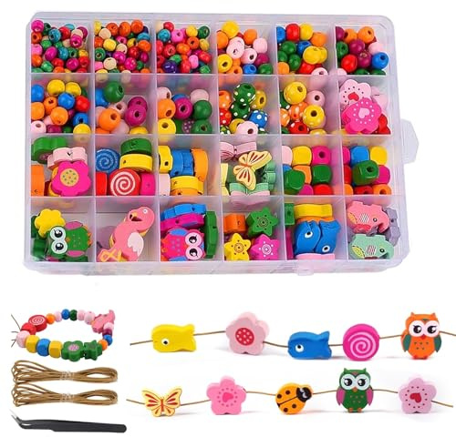 450 perline di legno da infilare con cavo e pinzette, perline di legno, fiori e animali colorati, per braccialetti fai da te, collane, artigianato, adatti per ragazze come regalo