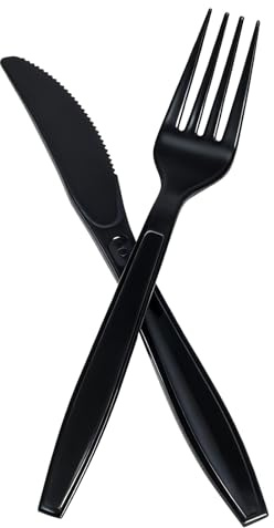Praelian 200 Pezzi Posate in Plastica Nere - 100 Pezzi Coltelli e 100 Pezzi Forchette in Plastica Senza BPA, Stoviglie Monouso Riutilizzabili per Feste, Grill, Matrimoni ed Eventi