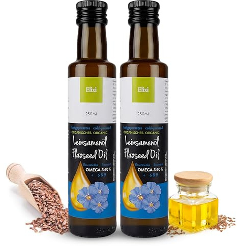 Elixi Ekologisk Kallpressad Linfröolja 2 x 250 ml (500 ml), Växtbaserad Omega-3 Olja med 59% ALA, Vegansk från Finland, i Glasflaskor utan Tillsatser