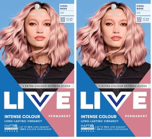 Schwarzkopf LIVE Intense Colour 109 Cool Rose, Long-lasting Permanent Pink Hair Dye, With Extra Colour Refresh Gloss (Pack of 2)