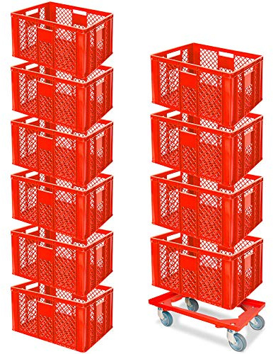 BRB Lot économique de 10 bacs empilables et roulettes de transport, 600 x 400 x 320 mm, qualité industrielle, convient à un usage alimentaire, rouge