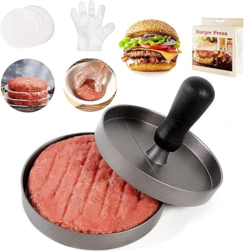 BUDOBEG Hamburger Press Patty Maker with 100 Patty Papers, 20 PCS Plastic Gloves, 1 PCS Small Scraper Aluminum Non-Stick Burger Press Patty Maker Mold, 4.5 in Diameter