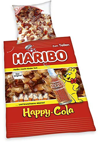Herding Haribo Happy-Cola Bettwäsche-Set, Wendemotiv, Kopfkissenbezug 80 x 80 cm, Bettbezug 135 x 200 cm, Mit leichtläufigem Reißverschluss, Baumwolle/Renforcé