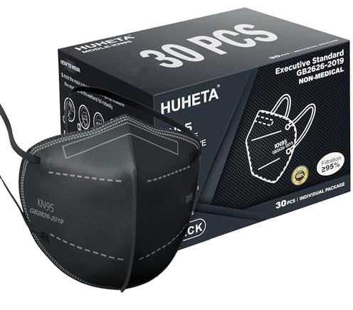 HUHETA KN95 Face Masks, Packs of 30 Individually Wrapped, 5-Ply Breathable and Comfortable Safety Mask, Filter Efficiency Over 95%, Protective Cup Dust Masks Against PM2.5 (Black Mask)