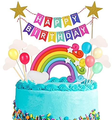 Xihuimay 15pcs Cake Topper Birthday Set Happy Birthday Banner Handmade Cupcake Topper including Colorful Rainbow Clouds Balloon Stars Picks for Boys Girls Party Decoration