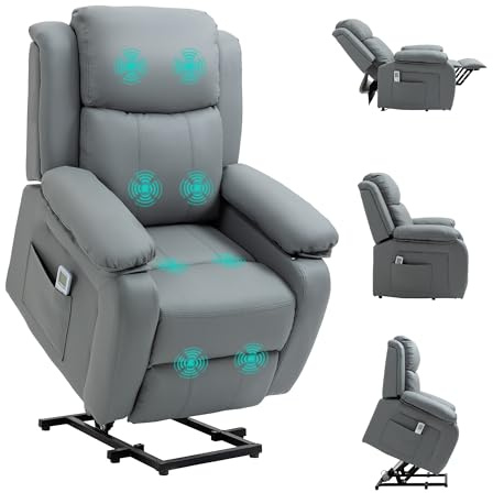 HOMCOM Riser and Recliner Chair with Vibration Massage, PU Leather Power Lift Chair for Elderly with Thick and High Back, Headrest, Removable Armrests, Side Pockets, Electric Lift Armchair, Grey