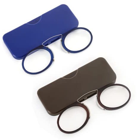 Kodilin Occhiali da Lettura in 2 Pezzi 2.0 Mini Lettore di Naso a Clip per Uomini e Donne, Occhiali da Lettura Flessibili Portatili Antiscivolo Blu + Marrone