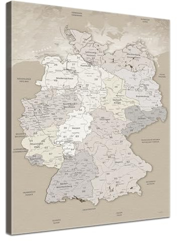 LANA KK - Premium Pinnwand Deutschlandkarte - Beige - Deutsch - in 40 x 60 cm, stabile Rückwand zum Pinnen inkl. Starterkit - Leinwand-Kunstdruck Wandbild Landkarte XXL
