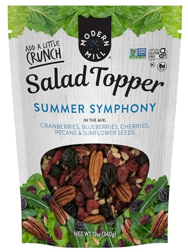 Modern Mill Summer Symphony Mixed Salad Topper By Gourmet Nut - Dried Cranberries,Blueberries,Pecans,Cherries & Sunflower Seeds - Gluten Free,Kosher,Dried Fruit & Nuts Vegan Snack -12oz Resealable Bag