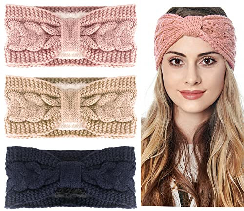 AYNKH 3Pcs Winter Knitted Headband, Elastic Chunky Thickened Crochet Braided Hair Band Ear Warmer for Women Outdoor Sports Skiing Running