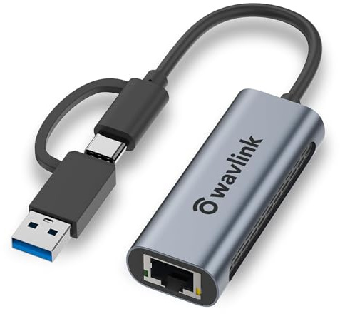 Wavlink USB C to Ethernet Adapter 2.5 Gbps, 2-in-1 USB to 2.5G Ethernet Adapter, USB-C to RJ45 Network Converter (Thunderbolt 4/3 Compatible), Aluminum Case for Windows, Mac OS, iPad OS and More.