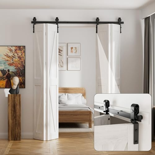 274cm/9FT Rail Porte Coulissante Pliante Kit Roulette Suspendue Systeme Noir pour 4 Porte Coulissante Interieur 67cm Large