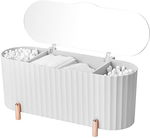 Cliplanyard Cotton Pad Dispenser Holder, ABS Qtip Holder, 3 Compartments Cotton Pad Storage with Lid Storage Box for Vanity for Cotton Pads Swabs Pink (WHITE)