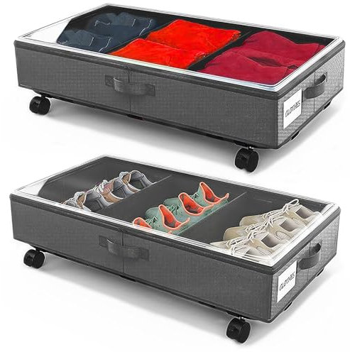 2 Pack Under Bed Storage Rolling Metal Frame Underbed Containers with Wheels Lid Visiable Window Storage Bag Box Organizer Home Closet Organization Drawer Bins for Clothes Shoes Toys Blanketss Grey