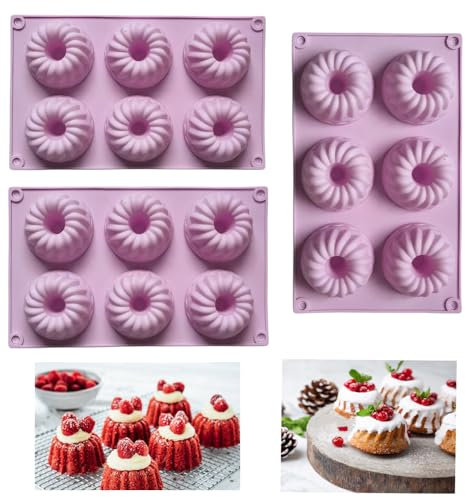 Firavggu 3 Stk Mini Gugelhupfform Silikon Gugelhupf Form Silikonform 6 Capacity Klein Gugelhupf Kuchenform Backform Antihaftbeschichted Cake Form für Kuchen Muffins Brownie(Hellviolett)