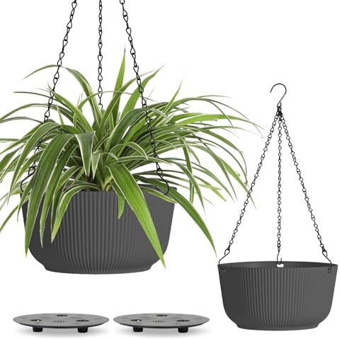 T4U Φ30cm Blumentopf Hängend Plastik 2er Set, Hängetöpfe für Pflanzen mit Ketten, Blumenampel Hängend Außen mit Wasserspeicher zum Garten Balkon Wohnzimmer Hängeampel Outdoor für Pflanzen Schwarz Matt