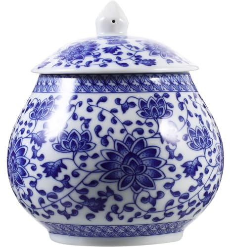 Amosfun Chinese Style Ceramic Tea Jar with Lid Blue and White Porcelain Storage Canister for Loose Tea Sugar Candy and Kitchen Use 6.1X5.5 Inch