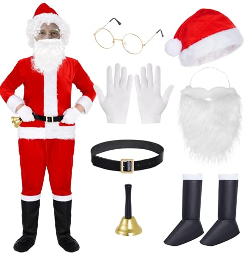 7pcs Christmas Santa Claus Costume Accessory for Men Women Unisex Xmas Santa Costume Accessory with Beard Belt Boots Cover Hat Glasses Gloves Bell for Men Women Christmas Party Cosplay Accessory