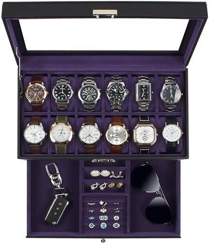 KILHS Watch Box, 12 Slot Watch case with Glass Lid, Lockable Double Watch Storage Box with 1 Wrawer for Rings, Earrings, Gift Idea, Black Synthetic Leather, Purple Lining