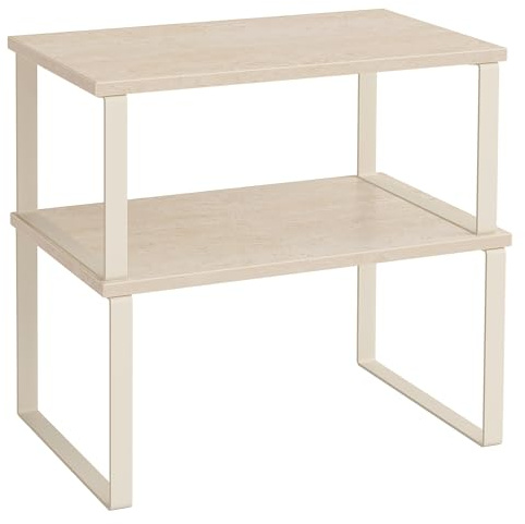 SONGMICS Spice Rack, Set of 2 Expandable Cupboard Shelf Organisers | Stackable Kitchen Holder, Steel and Particleboard, Travertine Beige and Cream White, BYSTRO Collection KCS020L01