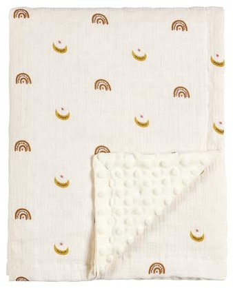 CREVENT - Manta de algodón Muselina orgánico con Reverso de visón Suave para recién Nacidos, Regalo para Fiesta de Bienvenida de bebé o cumpleaños, Luna, 75 x 100 cm