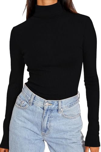 DUOEASE Jersey Cuello Alto Mujer Básico Sólido Otono Invierno Camiseta Térmico Manga Larga Elegantes Camiseta Mujer (Negro L)