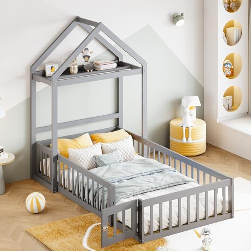 KOMHTOM 90x200cm Lit d'enfant avec Sommier à Lattes en Bois Lit Simple Cadre de Lit Plateforme Forme Maison Convient aux Enfants et aux Adolescents (sans Matelas) (Gris,90)