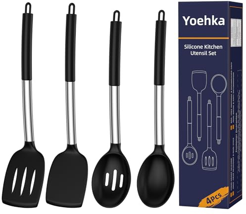 Yoehka Silicone Cooking Utensils Set for Nonstick Cookware, 4Pcs Heat Resistant Kitchen Silicone Spatula and Spoon Set with Stainless Steel Handle, Mixing, Flipping, Turning, Stirring, Black