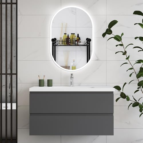 HAPAOSO Ensemble Meubles Salle de Bain 99 cm Anthracite - Vasque Céramique, 2 Tiroirs de Stockage, Miroir LED Ovale Dimmable