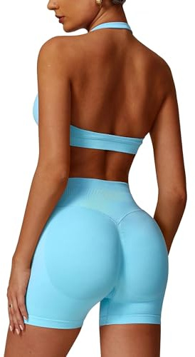 Barley Direct Workout Sets for Women Seamless Halter Sports Bra Scrunch Butt Impact Shorts Gym Yoga Outfits(Ice Blue,Small)