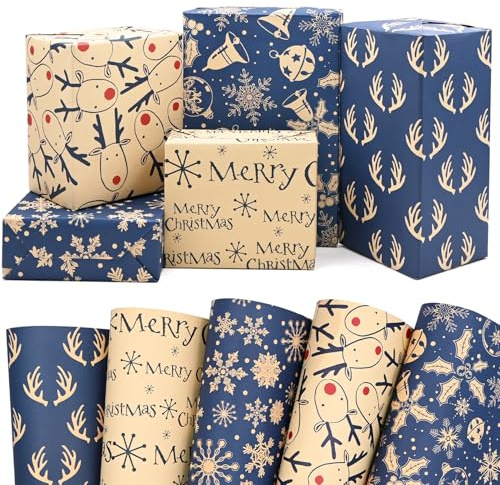 FMDPZUP Christmas Wrapping Paper 5 Different sheets,50 * 70cm Blue Mix Xmas Wrapping Paper Kraft Paper Perpect for Christmas