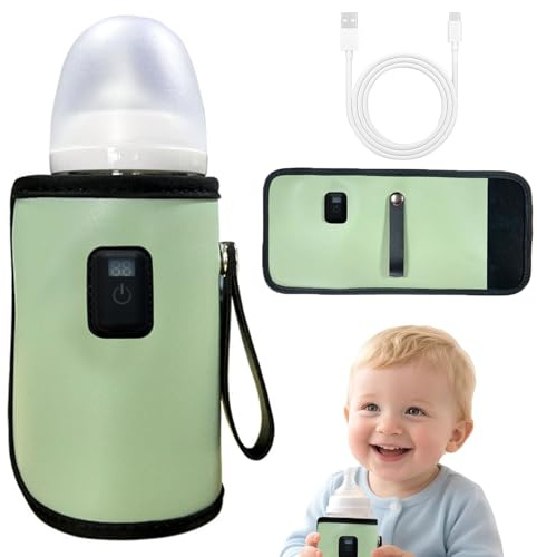 Calentador de Biberones Portátil Calentador de Biberones USB 7 Temperaturas Ajustables Calentador de Biberones con Pantalla LCD Calentador de Botella de Viaje USB para Leche Caliente (Verde)